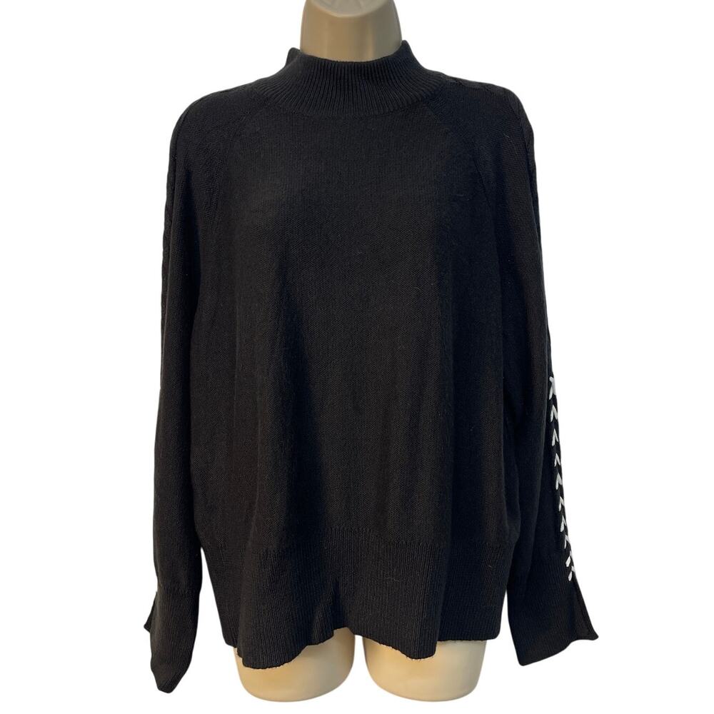 1.STATE Womens Black Cold Shoulder‎ Lace Up Sleeve Mock Neck Sweater Large
